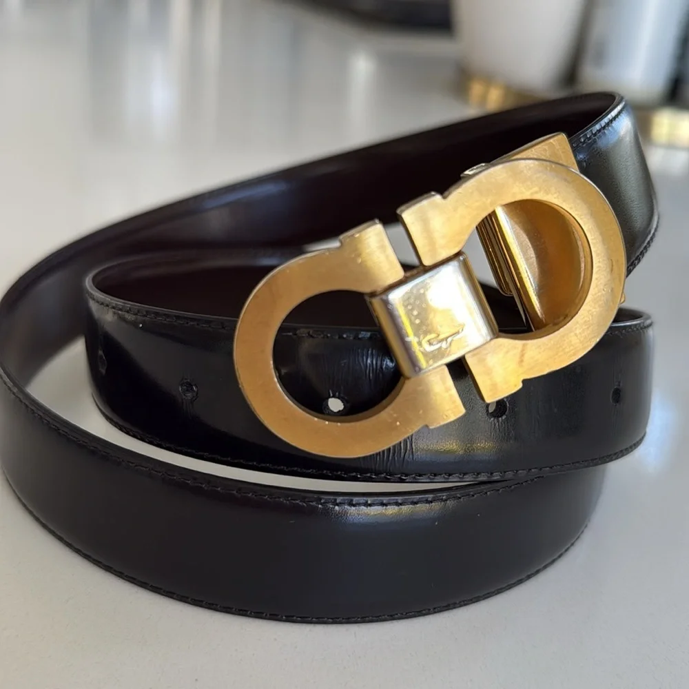 Salvatore Ferragamo Gold Dark Brown Leather Gancini Belt size 40”